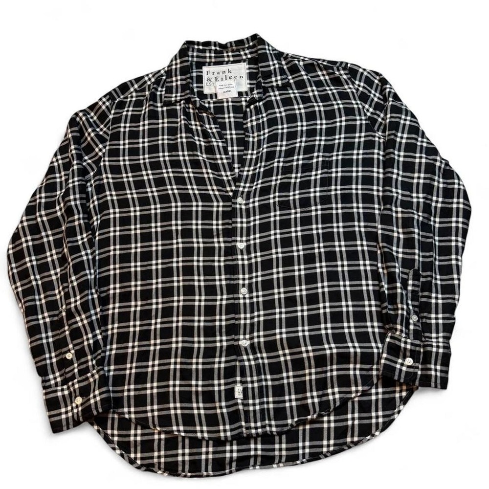 Frank & Eileen Shirt Women Small Black Plaid Modal Italian Fabric Eileen Relaxed